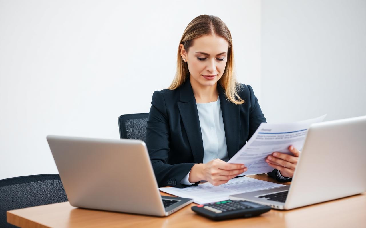 Accountant reviewing compliance paperwork at a desk