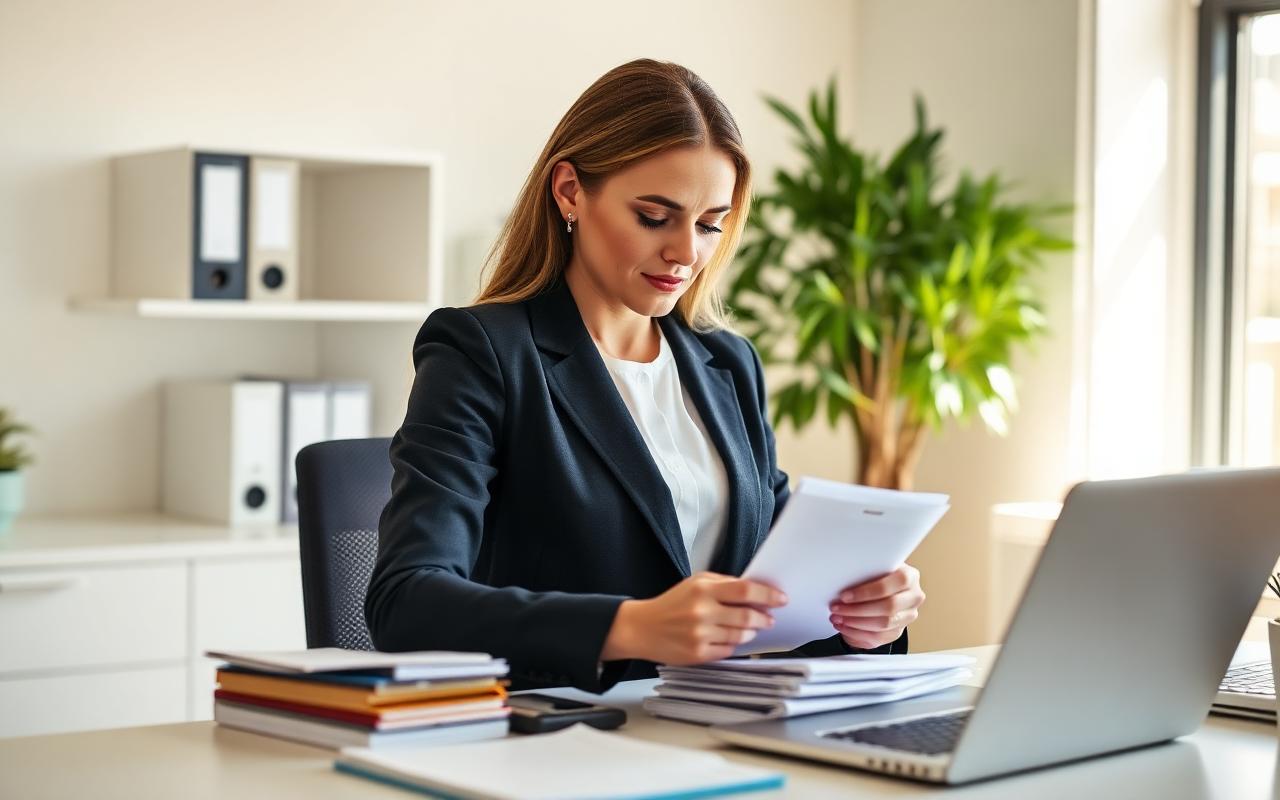Bookkeeper reviewing receipts and ledgers at an office desk