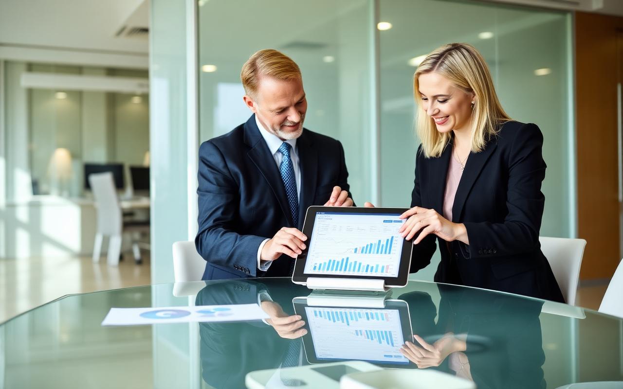 Two professionals reviewing financial charts on a tablet