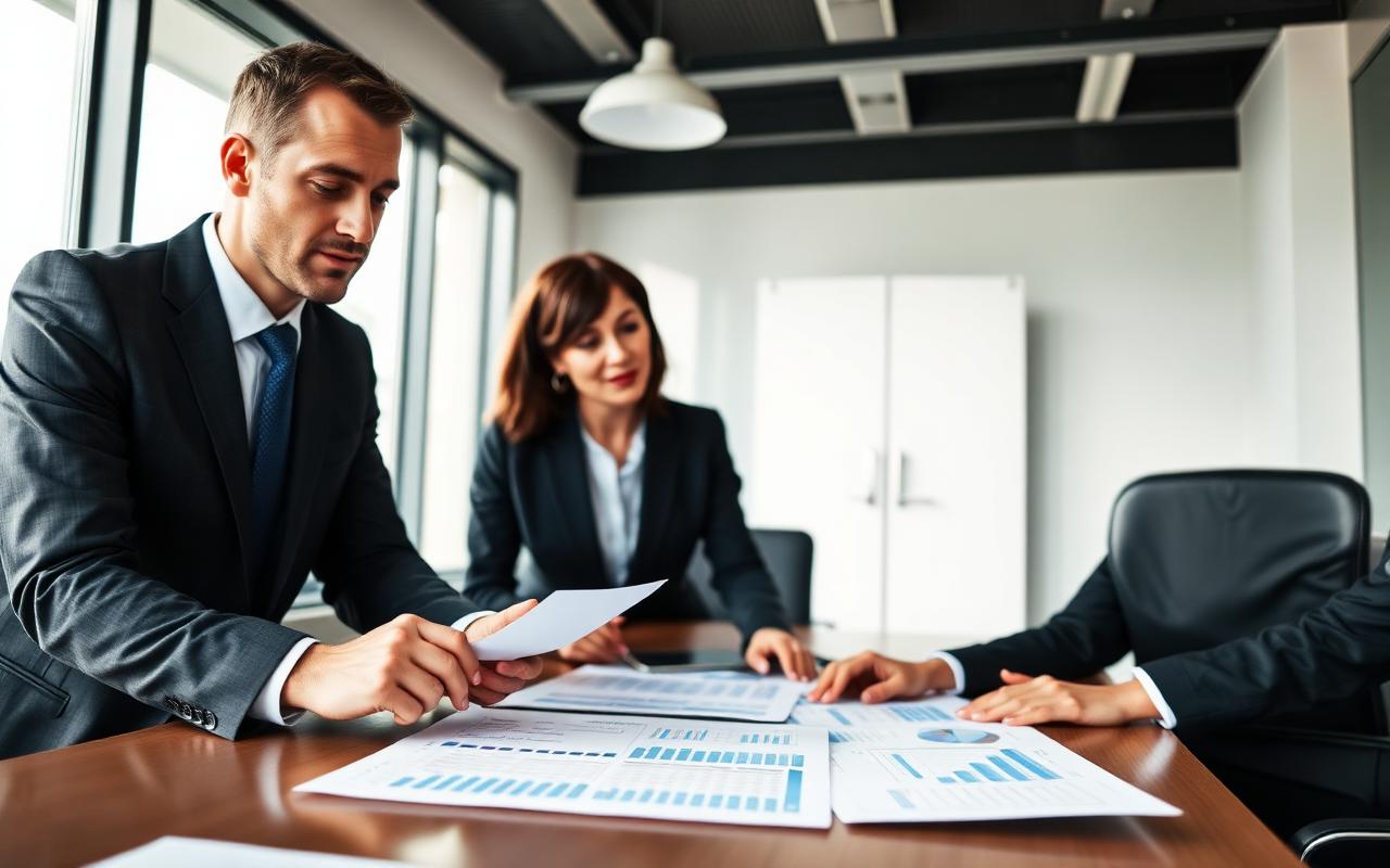 Two professionals planning a budget with printed forecasts
