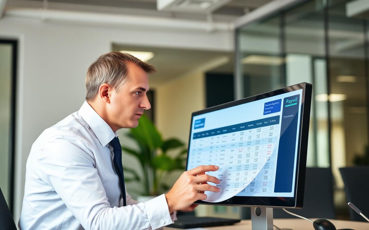 Professional reviewing payroll timesheets on a computer screen