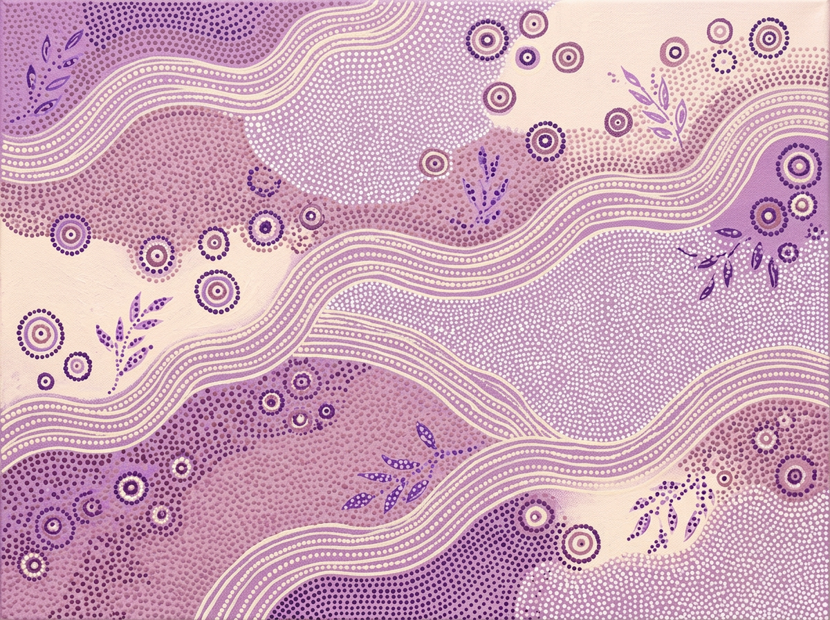 Aboriginal-inspired dot and wave artwork in soft lavender tones
