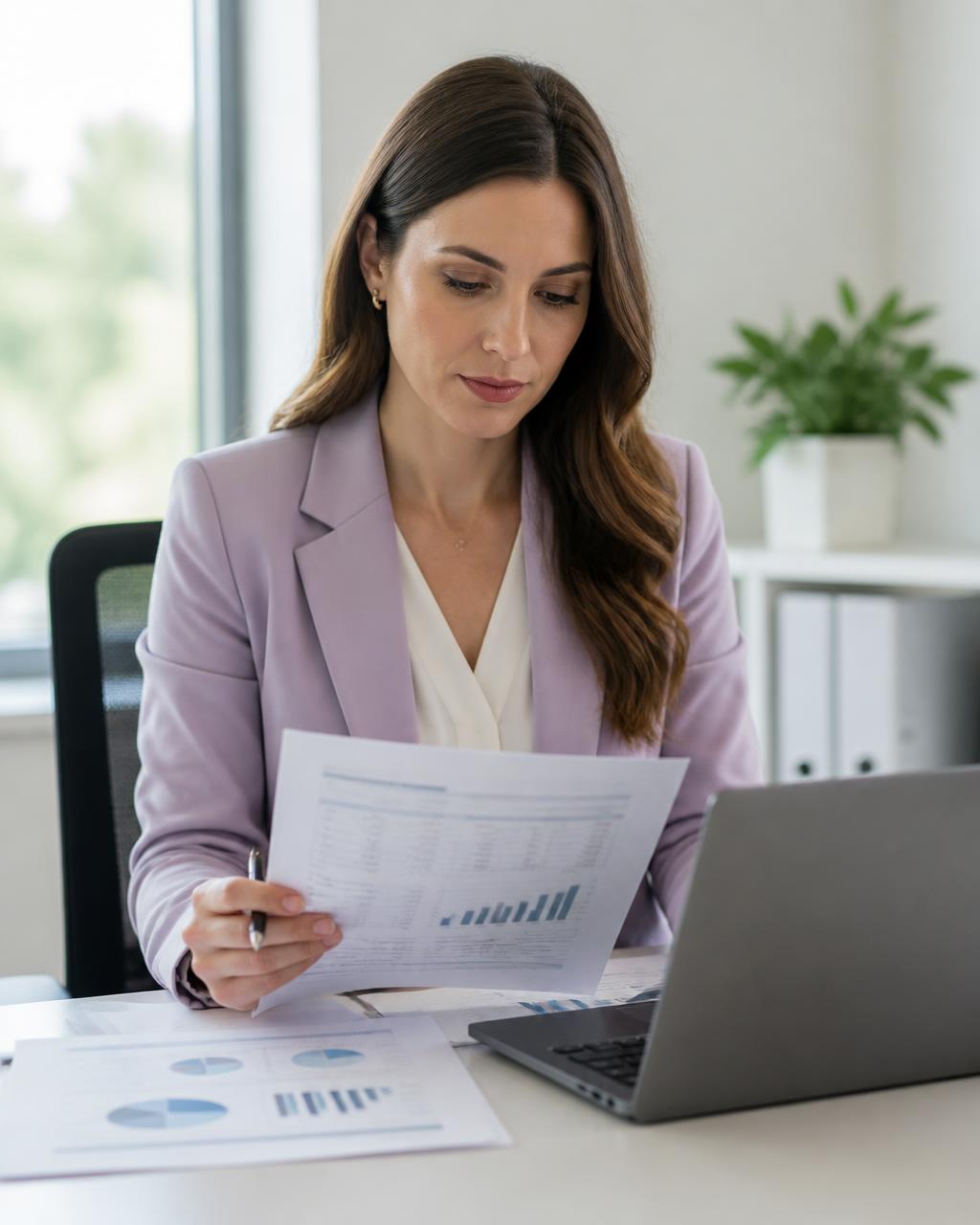 Accountant reviewing printed financial reports at a bright office desk